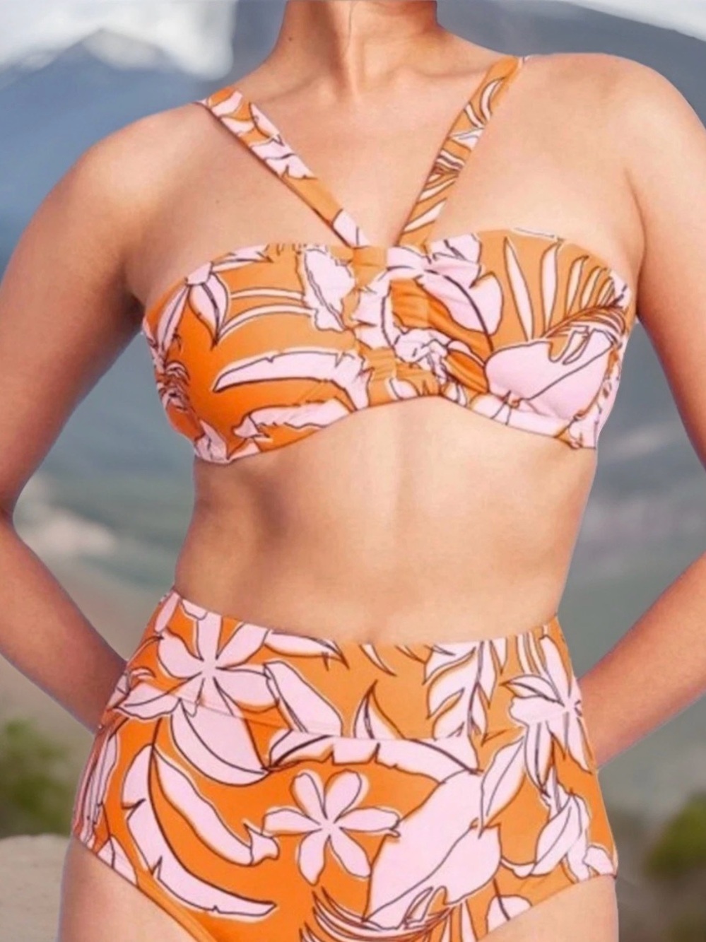 Kona Sol Orange and Pink Tropical High-Waist Bikini